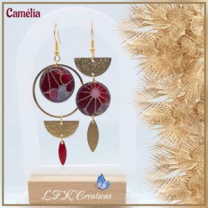 Camélia boucles rouges et dorées en tissu et acier inoxydable or