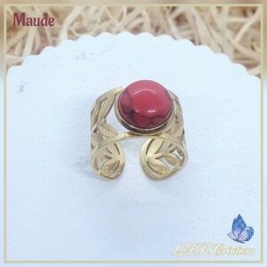 Maude bague dorée et rouge en acier inoxydable or et pierre naturelle howlite rouge