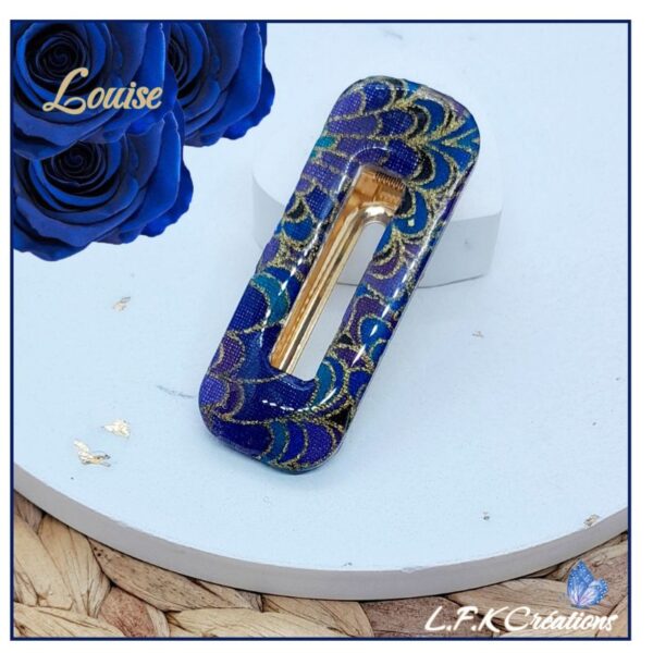Louise barrette or et bleu, pour femme, fille, en tissu Japonais et acier inoxydable or. Réalisée à la main. Pièce unique.