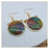 Sophia boucles créoles colorées en tissu japonais, breloques éventails, breloques rondes et fermoirs crochets en acier inoxydable or.