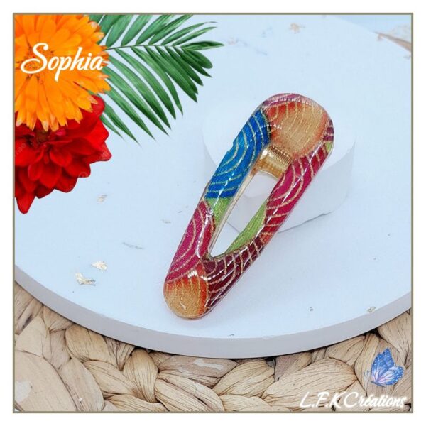 Sophia barrette colorée, bohème chic, tendances pour femmes et filles en tissu Japonais coloré et acier inoxydable or. Pièce unique.