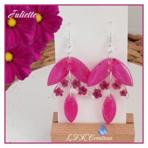 Juliette boucles fleurs fuchsia, résine et acier inoxydable argent (hypoallergéniques)