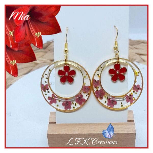 Mia créoles fleurs rouges, résine et acier inoxydable or