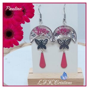 Pauline boucles argentées et fuchsia en acier inoxydable argent et fleurs séchées