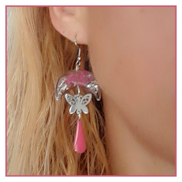 Pauline boucles argentées et fuchsia en acier inoxydable argent et fleurs séchées