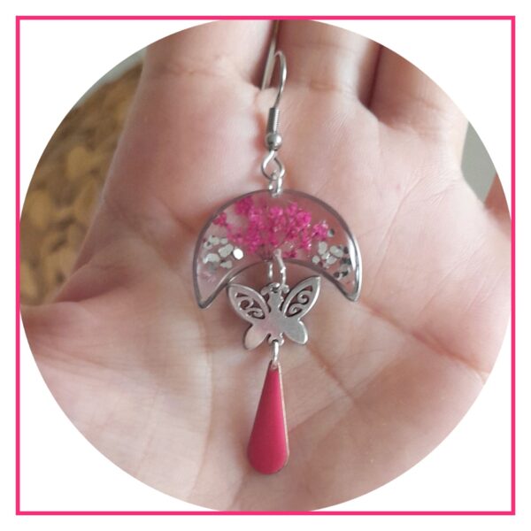 Pauline boucles argentées et fuchsia en acier inoxydable argent et fleurs séchées