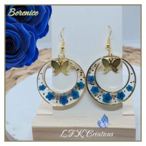 Berenice créoles or et marine fleurs séchées et acier inoxydable or