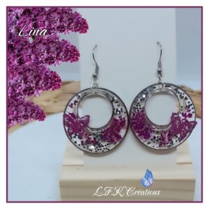Lina créoles lilas et argentées fleurs séchées et acier inoxydable argent (hypoallergéniques).