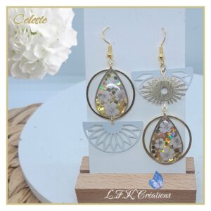 Celeste boucles colorées et dorées, fleurs séchées blanches et acier inoxydable or (hypoallergéniques).