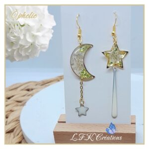 Ophelie boucles blanches et dorées, fleurs séchées et acier inoxydable or (hypoallergéniques).