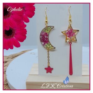 Ophelie boucles fuchsia et or, fleurs séchées et acier inoxydable or (hypoallergéniques).