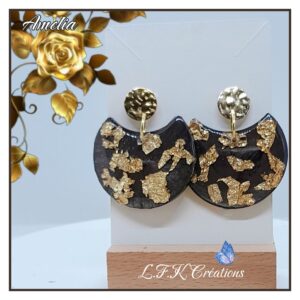 Armance boucles éventails pétales dorées, résine, pétales or et acier inoxydable or (hypoallergéniques)