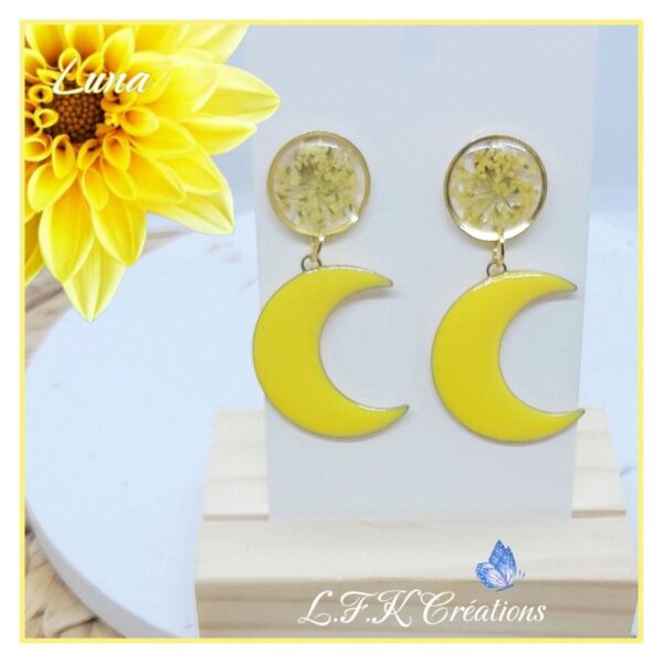 Luna boucles colorées et dorées, fleurs séchées et acier inoxydable or (hypoallergéniques).