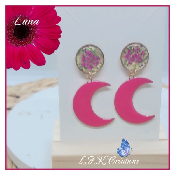 Luna boucles colorées et dorées, fleurs séchées, paillettes et acier inoxydable or (hypoallergéniques).