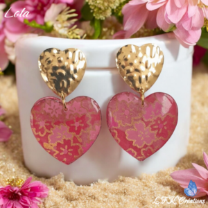 Lola boucles cœurs roses réalisées à la main en papier washi fleurs roses et dorure, fermoirs cœurs en acier inoxydable or (hypoallergéniques).