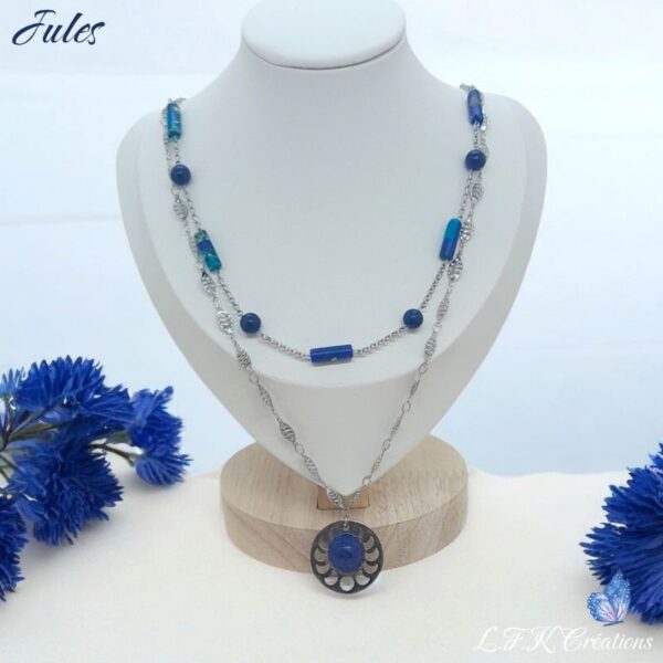 Jules collier Lapis lazuli. Collier double rands réalisé à la main en acier inoxydable argent (hypoallergénique) et pierre naturelle Lapiz lasuli.