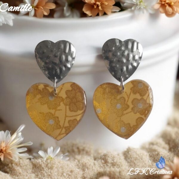 Camille boucles cœurs oranges, réalisées à la main en papier Japonais (Washi) résine et acier inoxydable argent (hypoallergéniques).