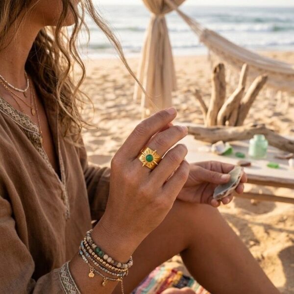 Bague dorée Célene ajustable en acier inoxydable ornée d'une pierre naturelle d'Aventurine verte.