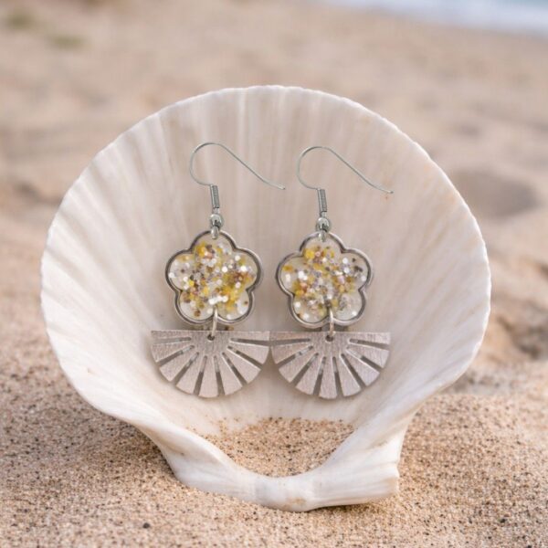 Daniela Boucles Jaunes Papillons : boucles d'oreilles solaires en fleurs séchées jaunes et résine cristalline.