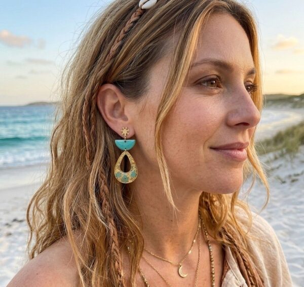 Femme portant les boucles d'oreilles légères Émilie en fleurs séchées et acier doré, bijou artisanal pour peaux sensibles.