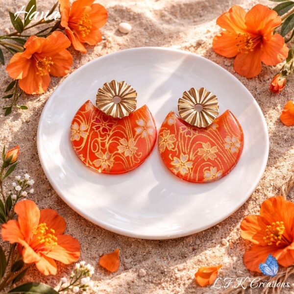 Boucles Hana Oranges Fleurs en papier Washi japonais et acier inoxydable or.