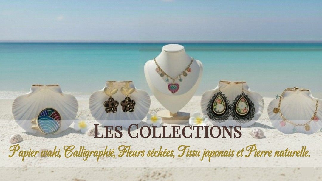 Collections de bijoux artisanaux : papier Washi, calligraphie, fleurs séchées et pierres naturelles. Des créations uniques et faites main.