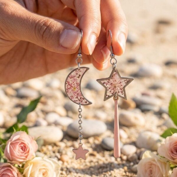 Détail fleurs séchées roses poudrées sous résine et paillettes argentées.