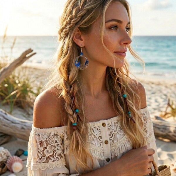 Détail breloque résine avec papillons, fleurs bleues et paillettes argentées.