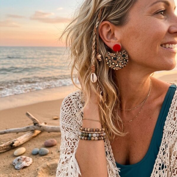 Gros plan sur une femme portant les boucles d'oreilles Naya, mettant en valeur le contraste entre l'émail rouge éclatant et le motif léopard résiné sur acier inoxydable or."