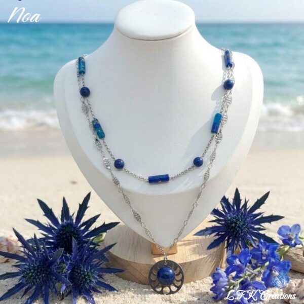 Collier double rangs Noa en Lapis-Lazuli et acier inoxydable argenté.