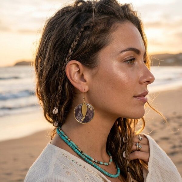 "Gros plan des boucles Sarah portées, mettant en avant le motif marron et or et le mouvement de la feuille en laiton."