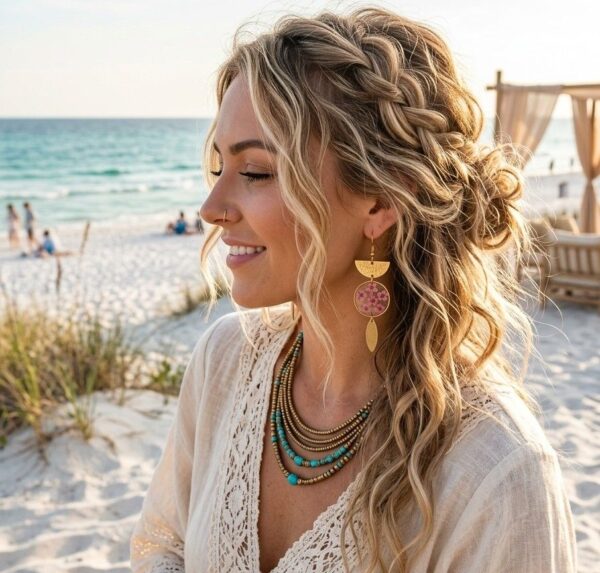 "Mise en situation des boucles d'oreilles Yara portées, révélant leur superbe asymétrie et l'éclat lumineux des fleurs séchées rouges sur l'oreille."