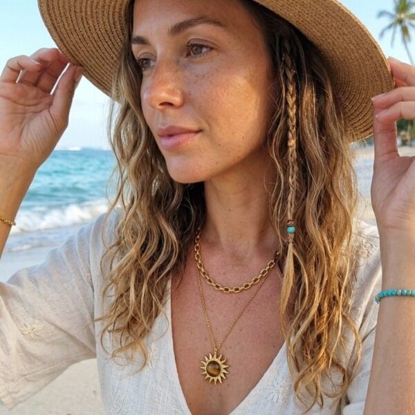 Femme portant le Téméo Collier Soleil Œil Tigre double rang style bohème chic