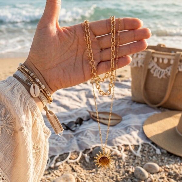 Détail du pendentif soleil et pierre Œil de Tigre Téméo Collier Soleil Œil Tigre