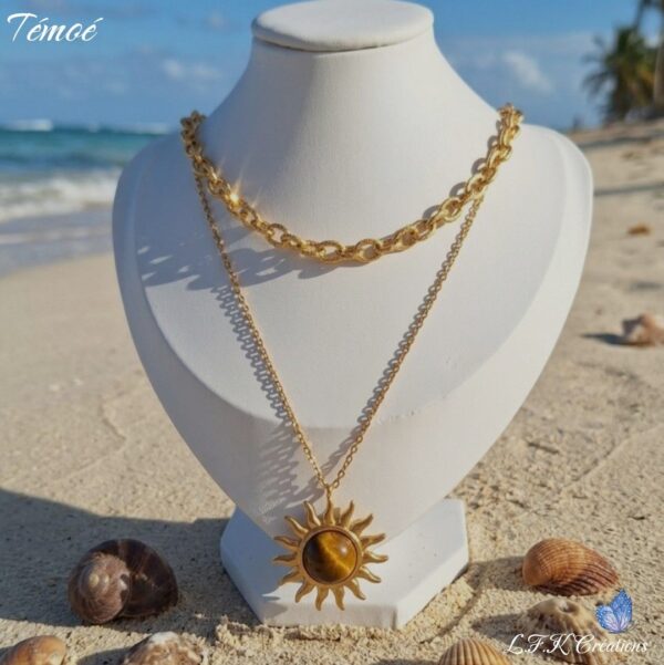 Téméo Collier Soleil Œil Tigre double rang en acier inoxydable doré