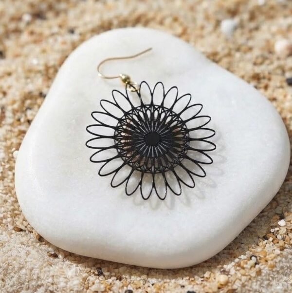 gros plan sur l'arrière d'une boucle d'oreille Garance fleurs noires zébré