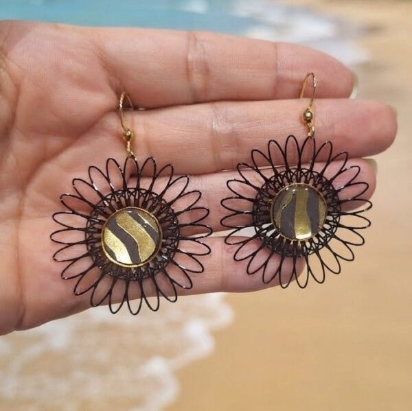 Gros plan sur les boucles d'oreilles Garance fleurs noires papier calligraphié zébré et acier inoxydable or